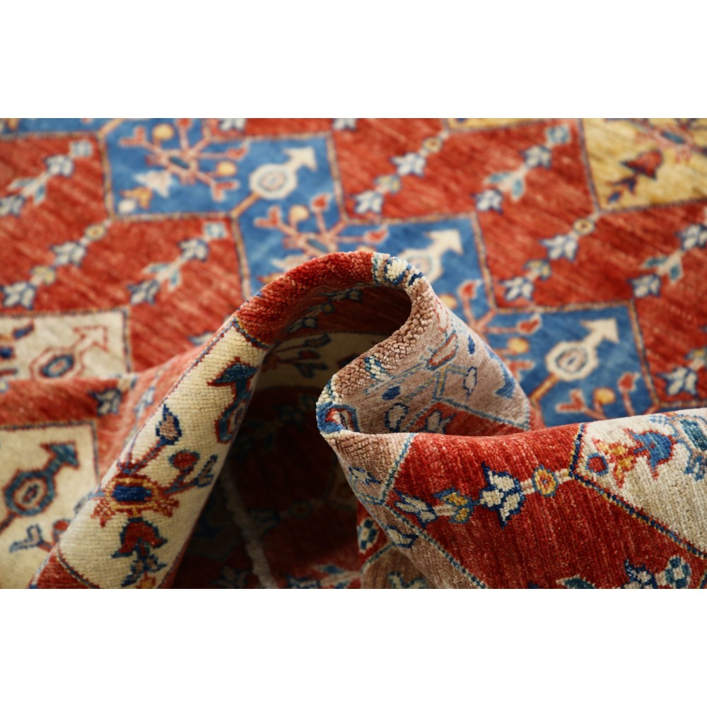 Hand Knotted Red, Ivory and Navy Blue Wool Area Rug with Diamond Geometric Design