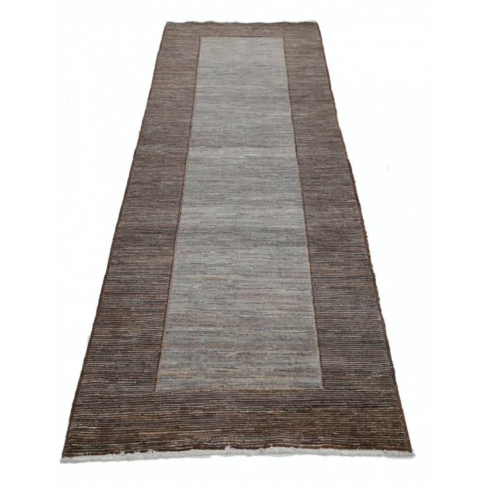Hand Knotted Brown, Gray Wool Runner Rug | Modern Minimalist Hallway Rug