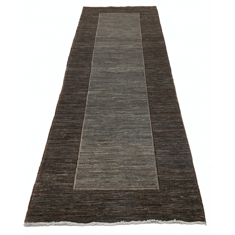 Hand Knotted Brown, Gray Wool Runner Rug | Modern Minimalist Hallway Rug