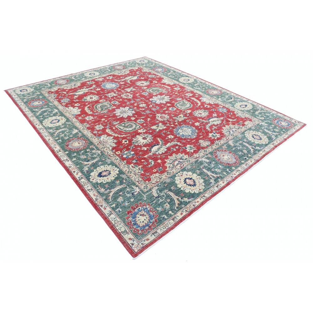 Hand Knotted Floral Area Rug with Red Field and Green Border | Turkish Oushak Wool Carpet Hand Knotted Floral Area Rug with Red Field and Green Border | Turkish Oushak Wool Carpet
