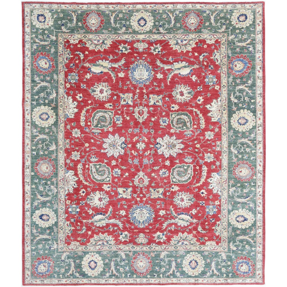 Hand Knotted Floral Area Rug with Red Field and Green Border | Turkish Oushak Wool Carpet Hand Knotted Floral Area Rug with Red Field and Green Border | Turkish Oushak Wool Carpet