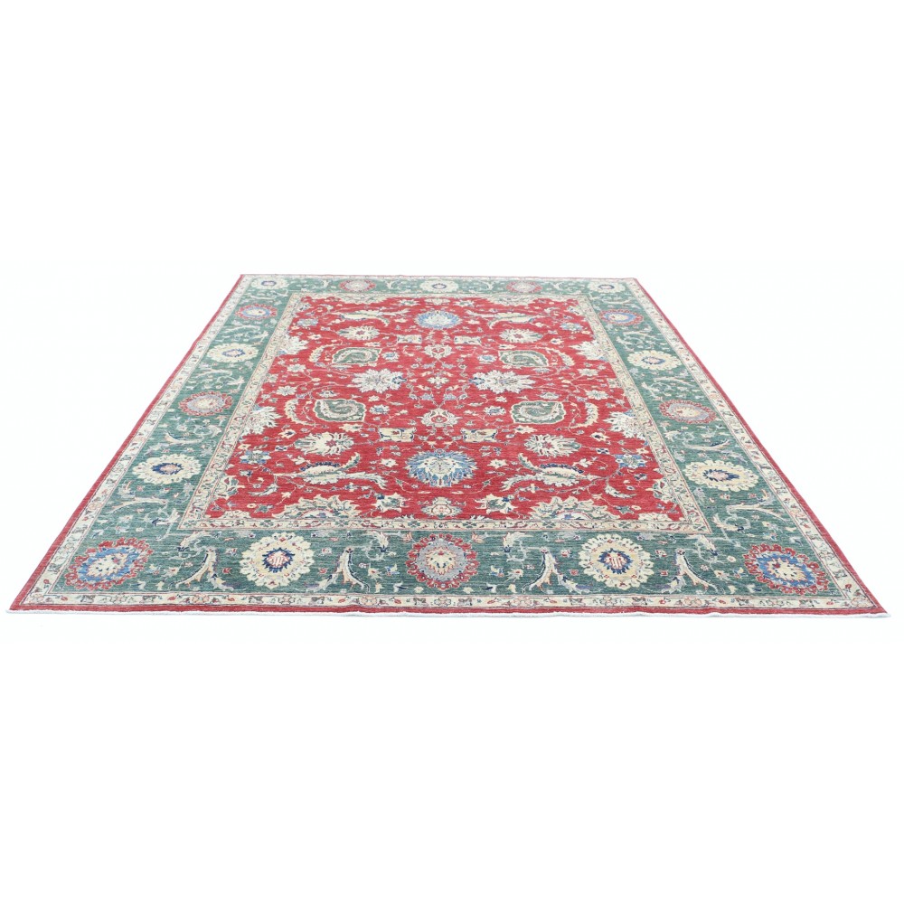Hand Knotted Floral Area Rug with Red Field and Green Border | Turkish Oushak Wool Carpet Hand Knotted Floral Area Rug with Red Field and Green Border | Turkish Oushak Wool Carpet