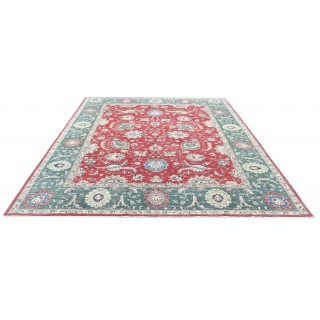 Hand Knotted Floral Area Rug with Red Field and Green Border | Turkish Oushak Wool Carpet