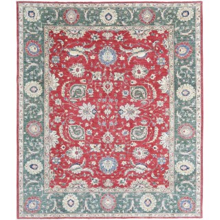 Hand Knotted Floral Area Rug with Red Field and Green Border | Turkish Oushak Wool Carpet