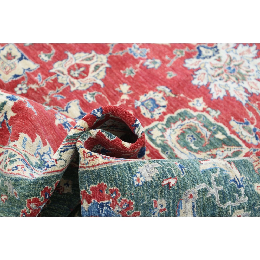 Hand Knotted Floral Area Rug with Red Field and Green Border | Turkish Oushak Wool Carpet Hand Knotted Floral Area Rug with Red Field and Green Border | Turkish Oushak Wool Carpet