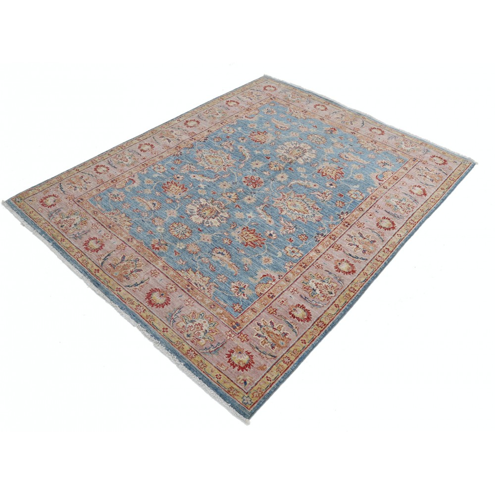 Hand Knotted Floral Oushak Area Rug with Blue Field and Pink Border | 100% Wool Hand Knotted Floral Oushak Area Rug with Blue Field and Pink Border | 100% Wool