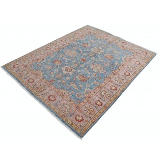 Hand Knotted Floral Oushak Area Rug with Blue Field and Pink Border | 100% Wool Hand Knotted Floral Oushak Area Rug with Blue Field and Pink Border | 100% Wool