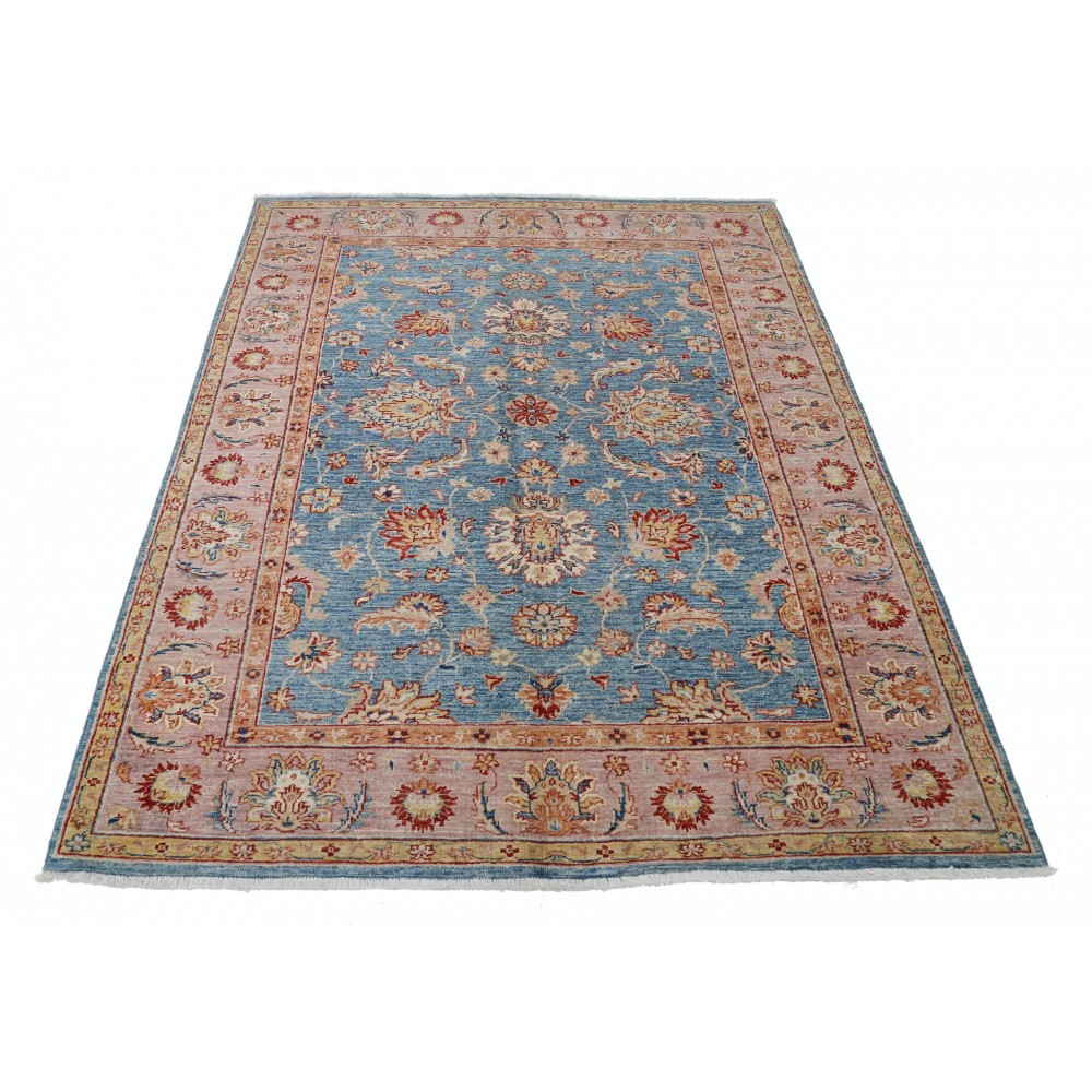 Hand Knotted Floral Oushak Area Rug with Blue Field and Pink Border | 100% Wool Hand Knotted Floral Oushak Area Rug with Blue Field and Pink Border | 100% Wool