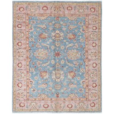 Hand Knotted Floral Oushak Area Rug with Blue Field and Pink Border | 100% Wool