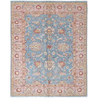 Hand Knotted Floral Oushak Area Rug with Blue Field and Pink Border | 100% Wool