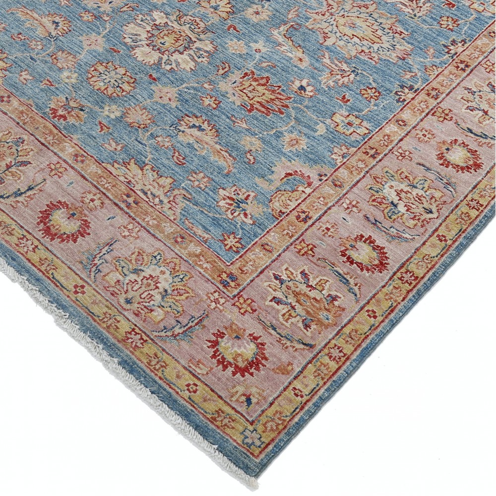 Hand Knotted Floral Oushak Area Rug with Blue Field and Pink Border | 100% Wool Hand Knotted Floral Oushak Area Rug with Blue Field and Pink Border | 100% Wool