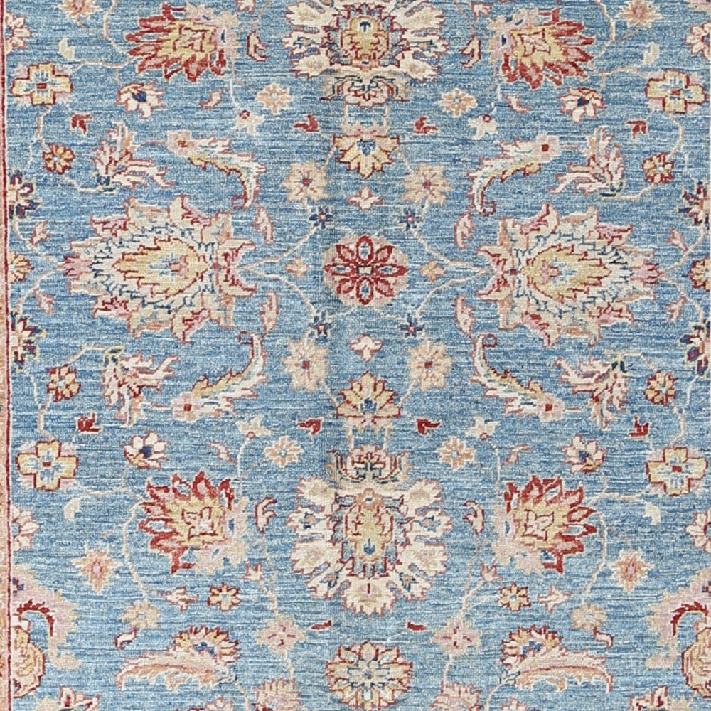 Hand Knotted Floral Oushak Area Rug with Blue Field and Pink Border | 100% Wool Hand Knotted Floral Oushak Area Rug with Blue Field and Pink Border | 100% Wool