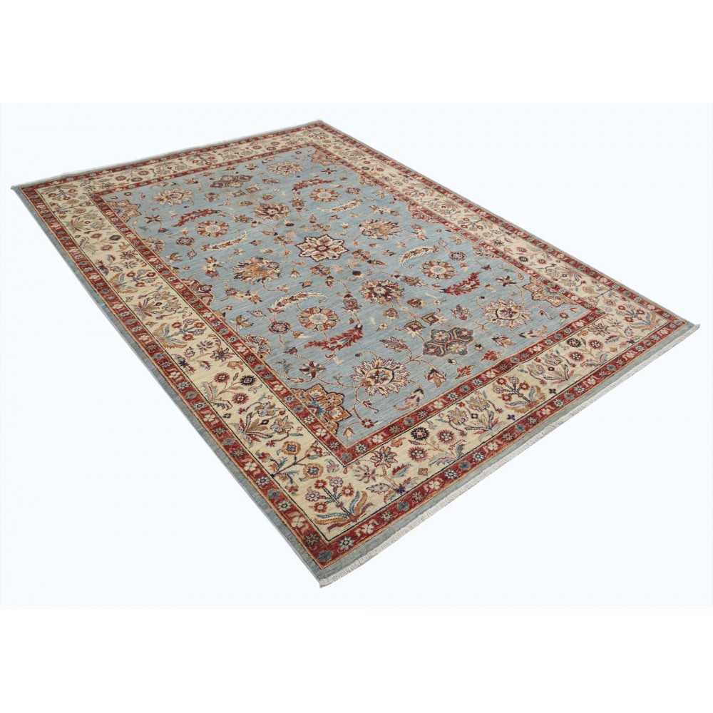 Hand Knotted Floral Area Rug with Light Blue Field and Beige Border | Traditional Oushak Wool Rug Hand Knotted Floral Area Rug with Light Blue Field and Beige Border | Traditional Oushak Wool Rug