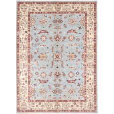 Hand Knotted Floral Area Rug with Light Blue Field and Beige Border | Traditional Oushak Wool Rug