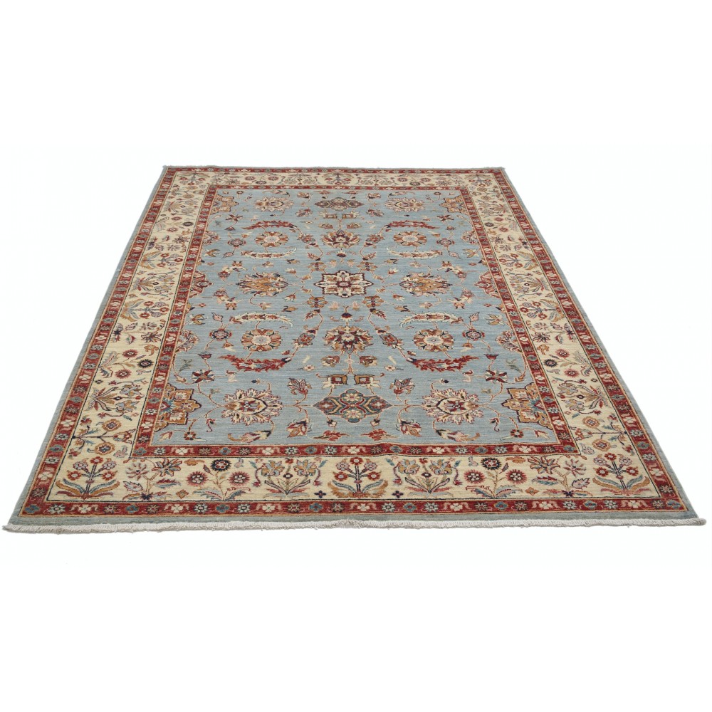 Hand Knotted Floral Area Rug with Light Blue Field and Beige Border | Traditional Oushak Wool Rug Hand Knotted Floral Area Rug with Light Blue Field and Beige Border | Traditional Oushak Wool Rug