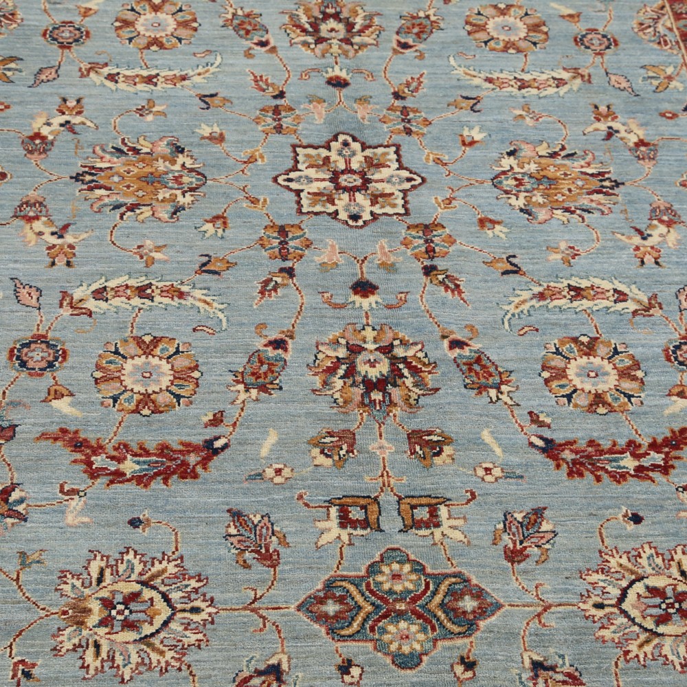Hand Knotted Floral Area Rug with Light Blue Field and Beige Border | Traditional Oushak Wool Rug Hand Knotted Floral Area Rug with Light Blue Field and Beige Border | Traditional Oushak Wool Rug