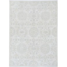 Hand Knotted Ivory and Light Blue Wool Area Rug | Turkish Floral Medallion Design Carpet