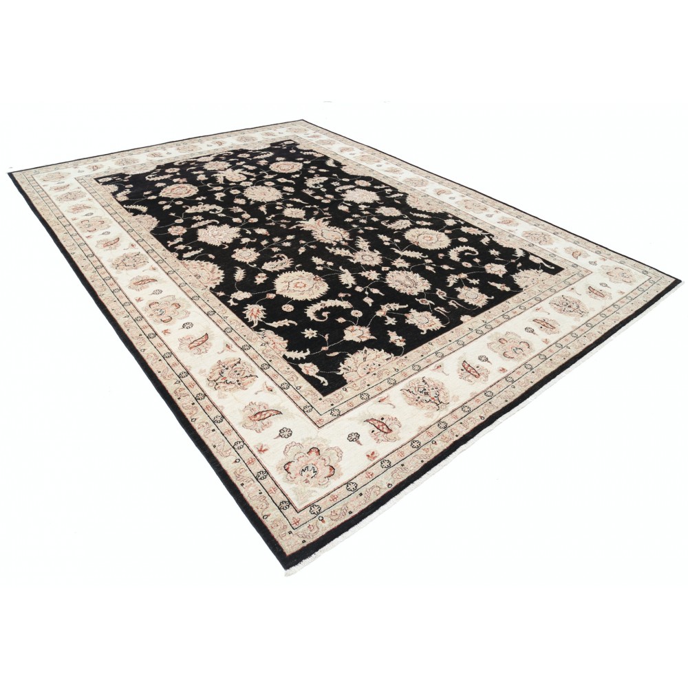 Hand Knotted Floral Turkish Area Rug with Black Field and Ivory Border | Wool Carpet for Home Decor Hand Knotted Floral Turkish Area Rug with Black Field and Ivory Border | Wool Carpet for Home Decor
