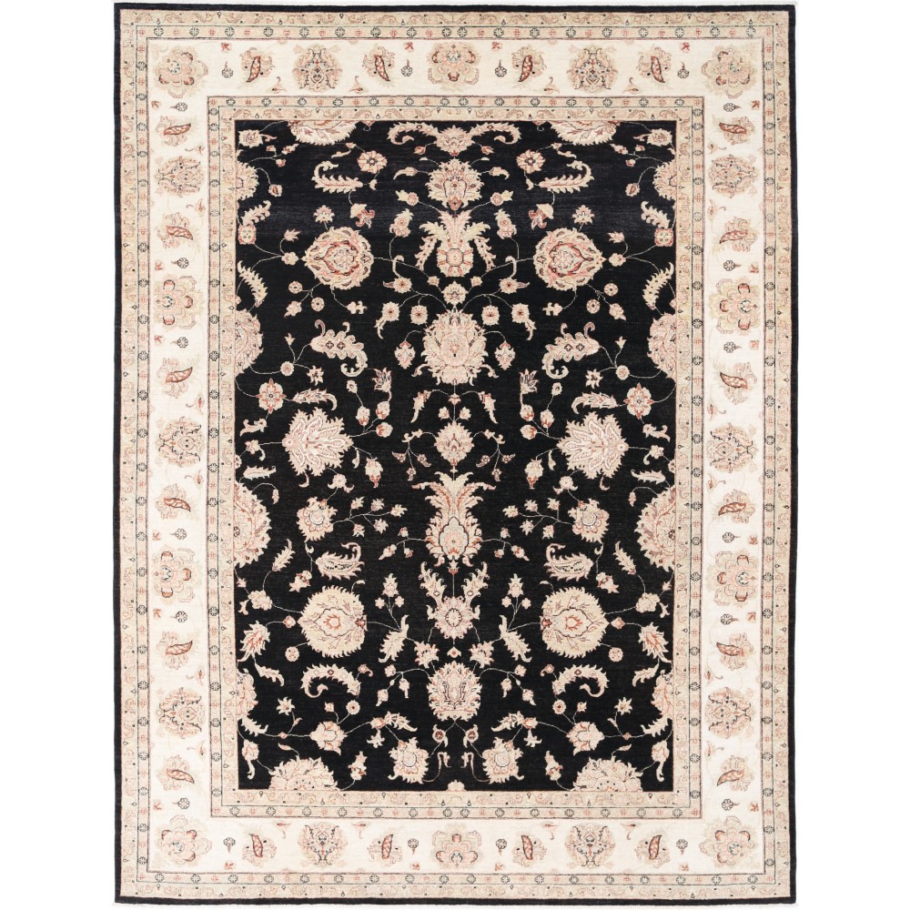 Hand Knotted Floral Turkish Area Rug with Black Field and Ivory Border | Wool Carpet for Home Decor Hand Knotted Floral Turkish Area Rug with Black Field and Ivory Border | Wool Carpet for Home Decor