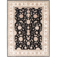 Hand Knotted Floral Turkish Area Rug with Black Field and Ivory Border | Wool Carpet for Home Decor
