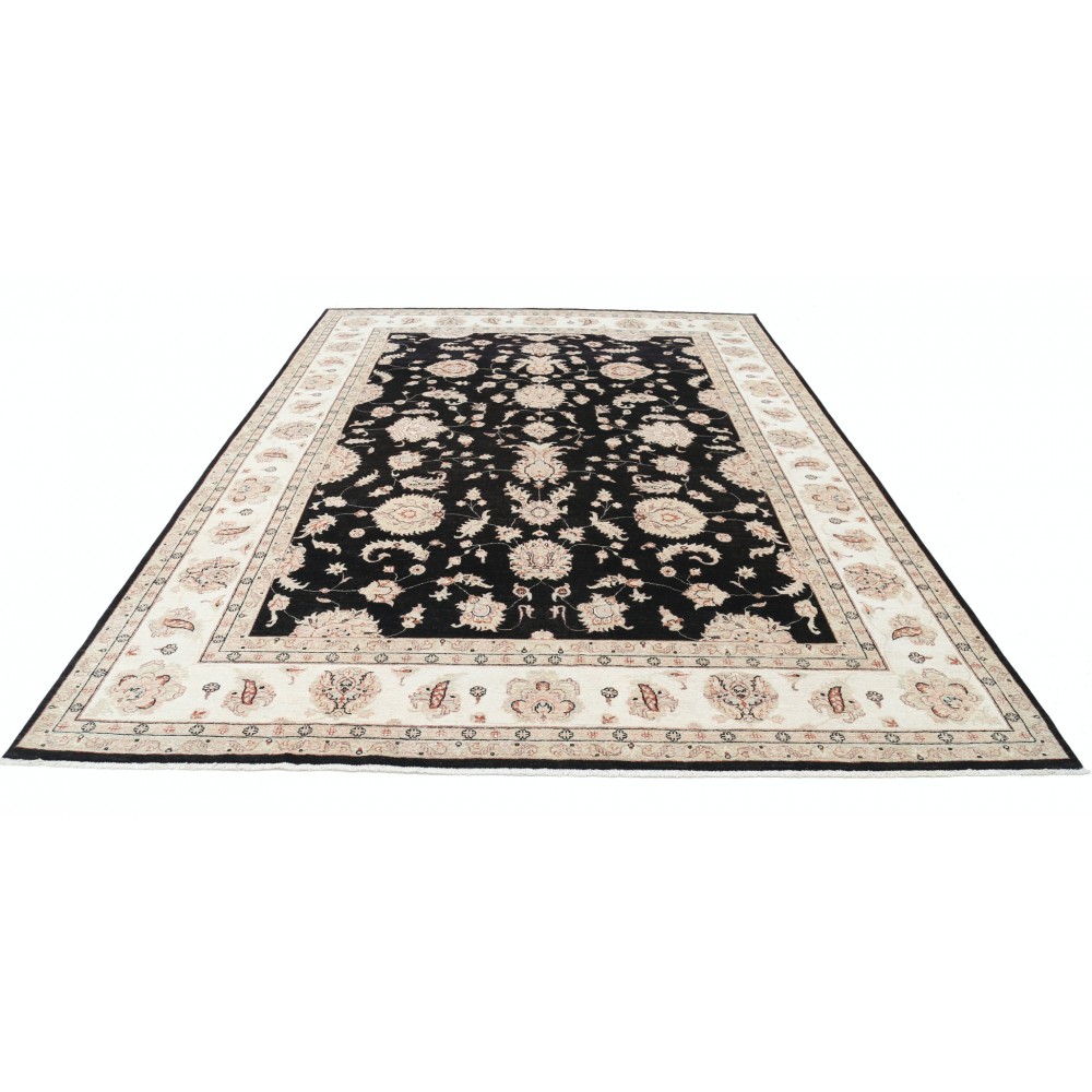 Hand Knotted Floral Turkish Area Rug with Black Field and Ivory Border | Wool Carpet for Home Decor Hand Knotted Floral Turkish Area Rug with Black Field and Ivory Border | Wool Carpet for Home Decor