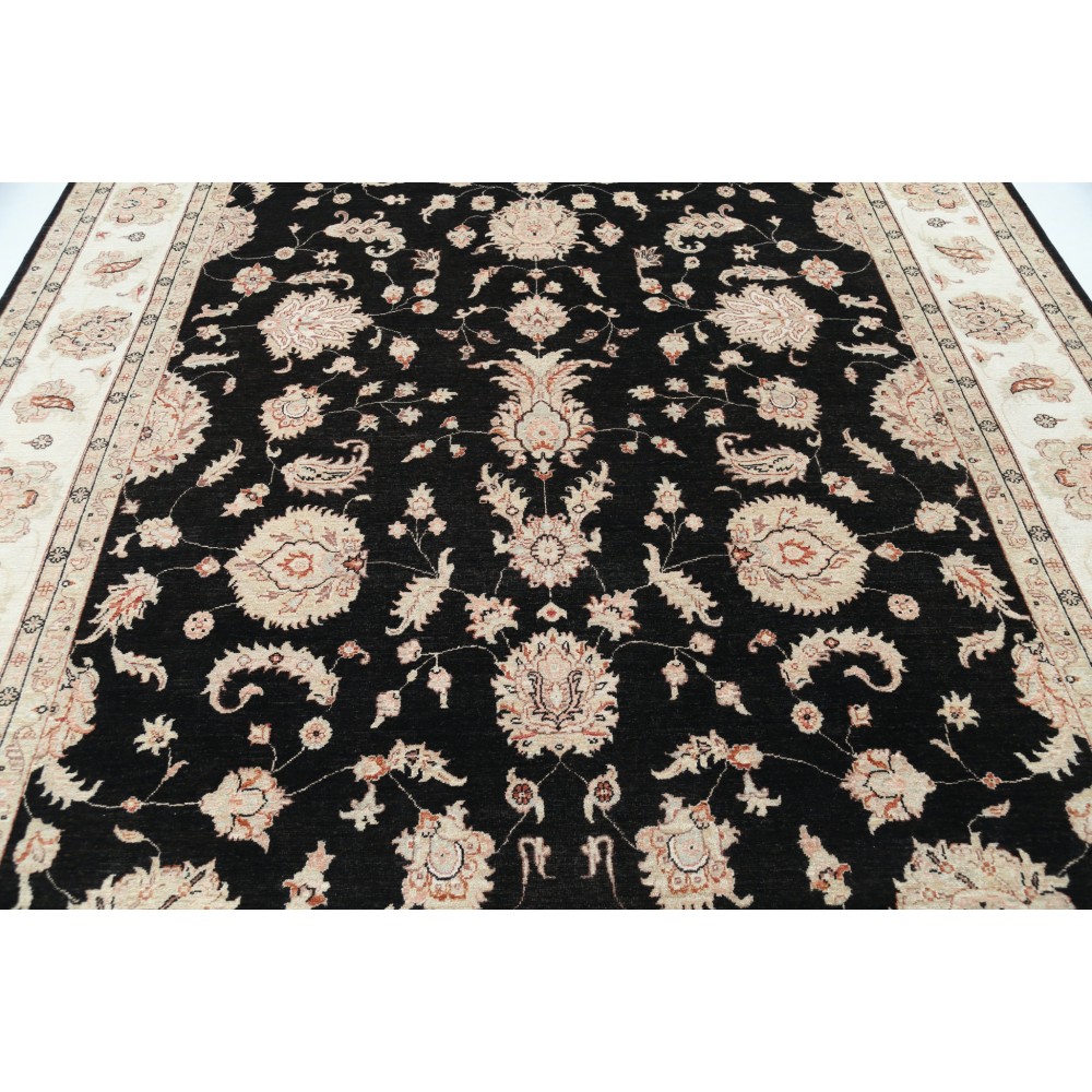 Hand Knotted Floral Turkish Area Rug with Black Field and Ivory Border | Wool Carpet for Home Decor Hand Knotted Floral Turkish Area Rug with Black Field and Ivory Border | Wool Carpet for Home Decor