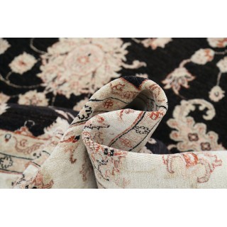 Hand Knotted Floral Turkish Area Rug with Black Field and Ivory Border | Wool Carpet for Home Decor