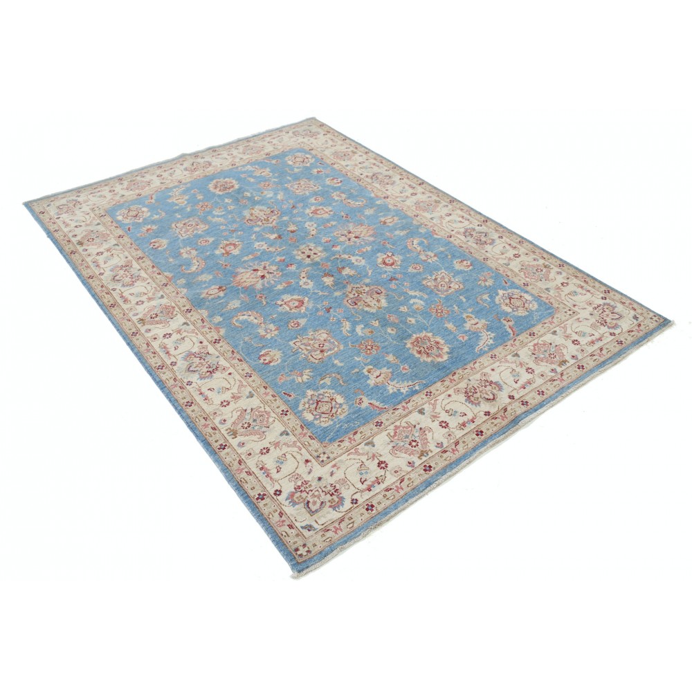 Hand Knotted Floral Oushak Area Rug with Blue Field and Beige Border | 100% Wool Hand Knotted Floral Oushak Area Rug with Blue Field and Beige Border | 100% Wool