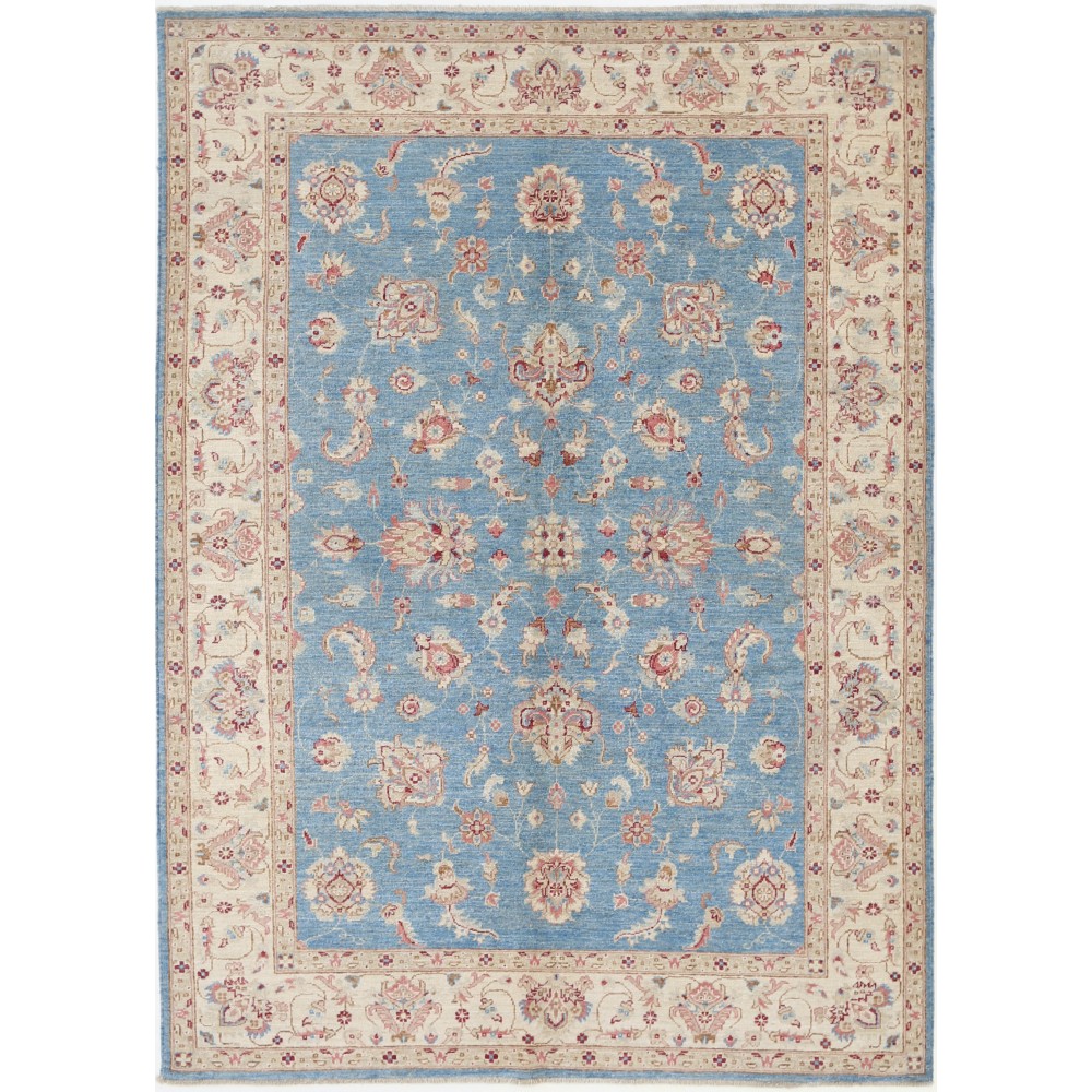 Hand Knotted Floral Oushak Area Rug with Blue Field and Beige Border | 100% Wool Hand Knotted Floral Oushak Area Rug with Blue Field and Beige Border | 100% Wool