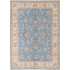 Hand Knotted Floral Oushak Area Rug with Blue Field and Beige Border | 100% Wool