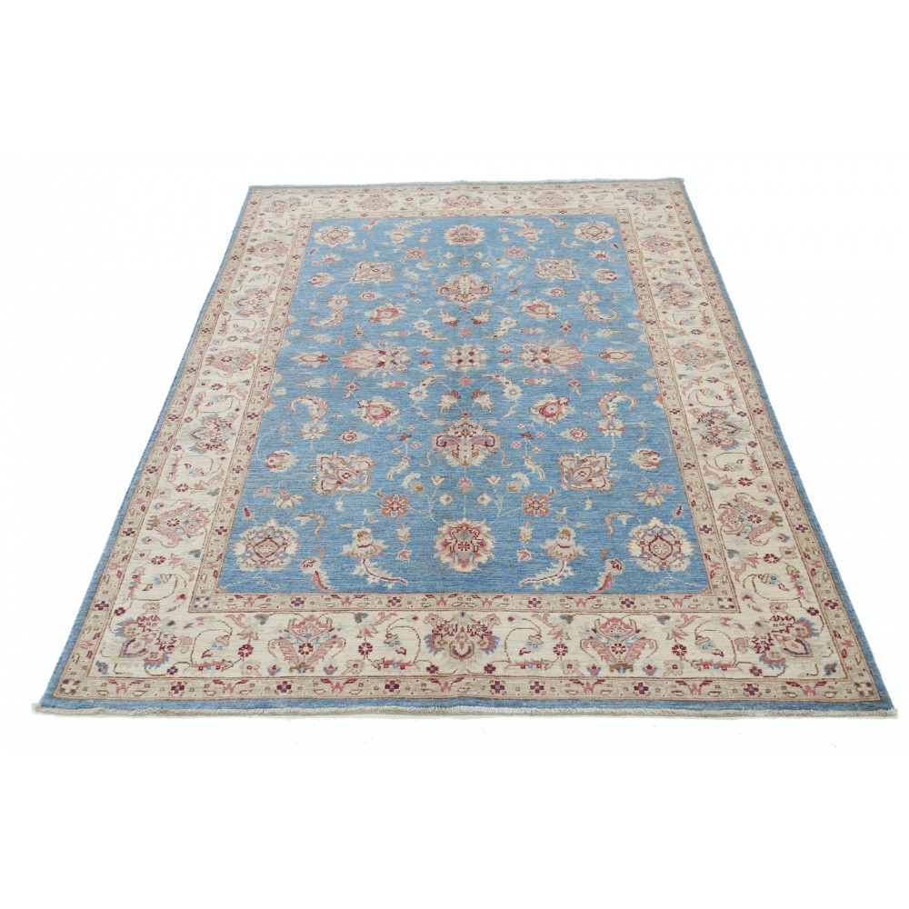 Hand Knotted Floral Oushak Area Rug with Blue Field and Beige Border | 100% Wool Hand Knotted Floral Oushak Area Rug with Blue Field and Beige Border | 100% Wool