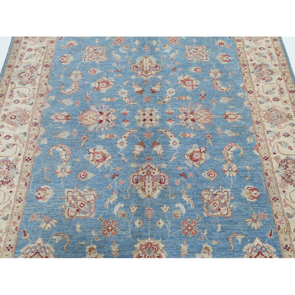 Hand Knotted Floral Oushak Area Rug with Blue Field and Beige Border | 100% Wool Hand Knotted Floral Oushak Area Rug with Blue Field and Beige Border | 100% Wool