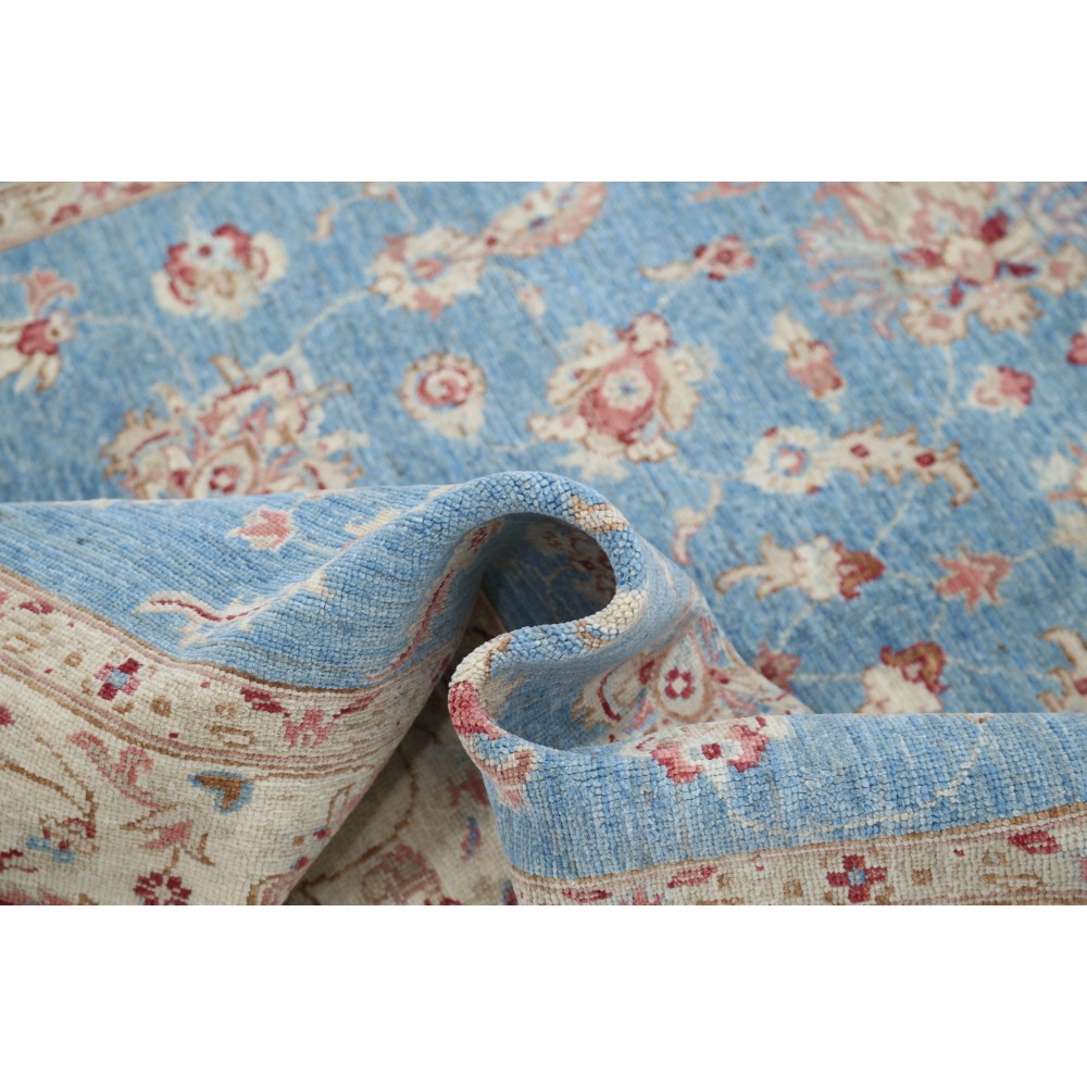 Hand Knotted Floral Oushak Area Rug with Blue Field and Beige Border | 100% Wool Hand Knotted Floral Oushak Area Rug with Blue Field and Beige Border | 100% Wool