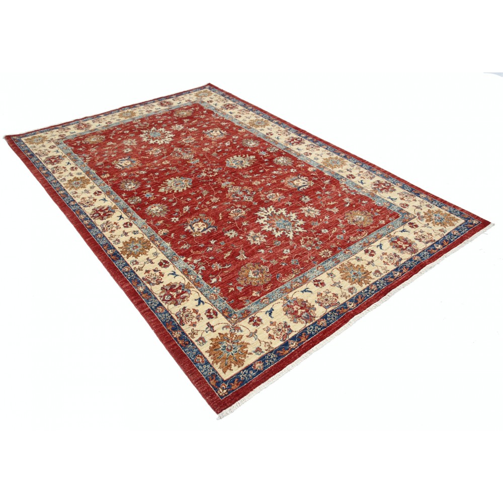 Hand Knotted Turkish Wool Area Rug, Red Floral Carpet with Ivory Border and Blue Details for Home Decor Hand Knotted Turkish Wool Area Rug, Red Floral Carpet with Ivory Border and Blue Details for Home Decor