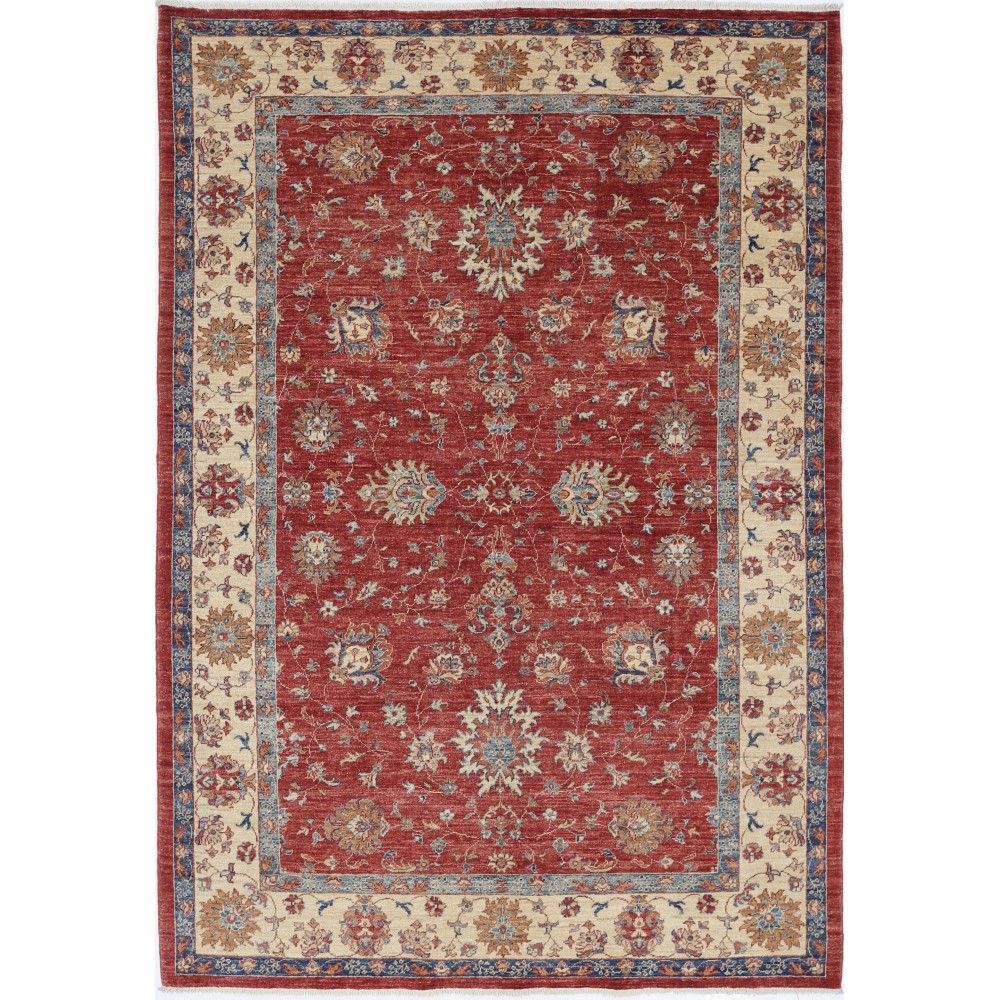 Hand Knotted Turkish Wool Area Rug, Red Floral Carpet with Ivory Border and Blue Details for Home Decor Hand Knotted Turkish Wool Area Rug, Red Floral Carpet with Ivory Border and Blue Details for Home Decor