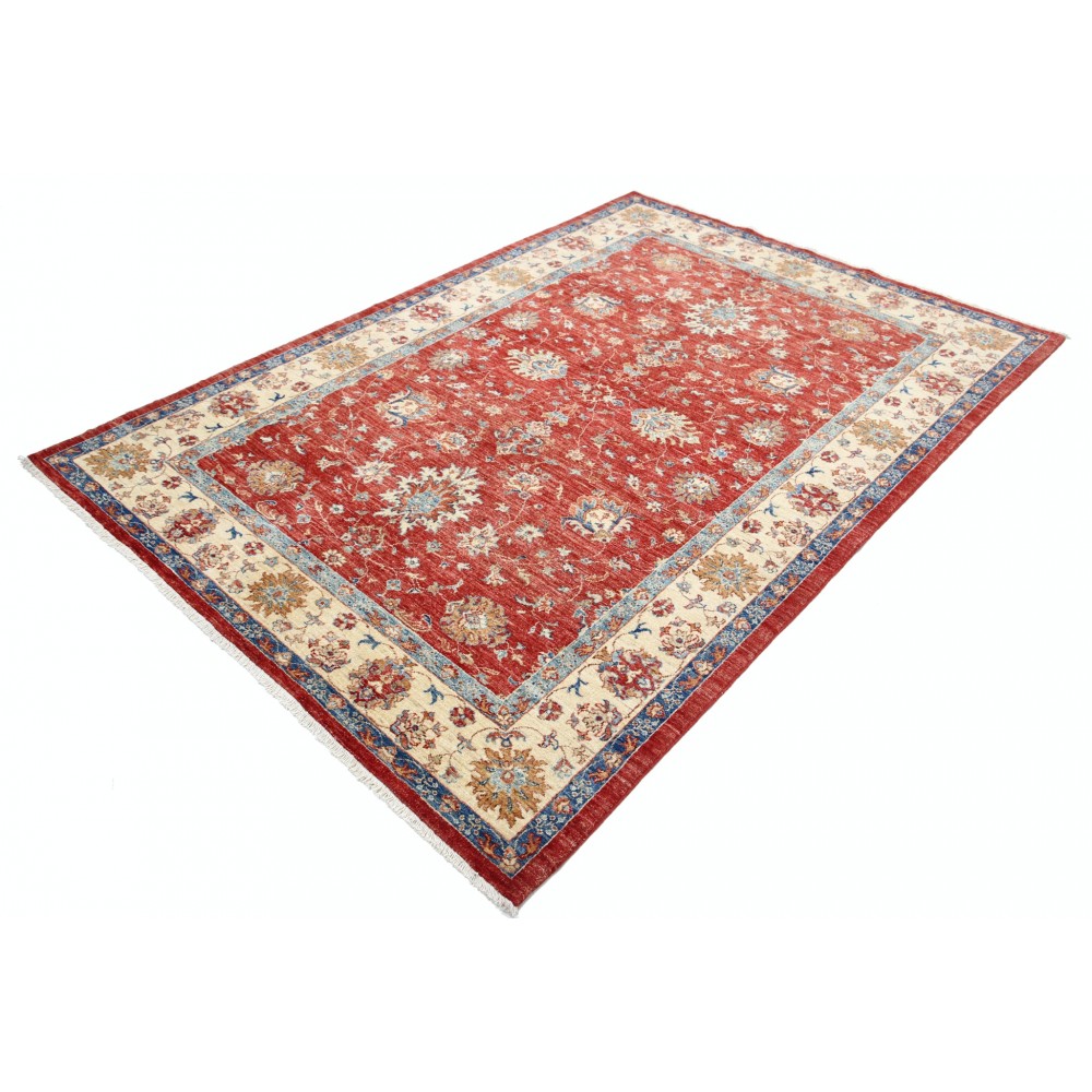 Hand Knotted Turkish Wool Area Rug, Red Floral Carpet with Ivory Border and Blue Details for Home Decor Hand Knotted Turkish Wool Area Rug, Red Floral Carpet with Ivory Border and Blue Details for Home Decor
