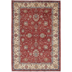 Hand Knotted Turkish Wool Area Rug, Red Floral Carpet with Ivory Border and Blue Details for Home Decor