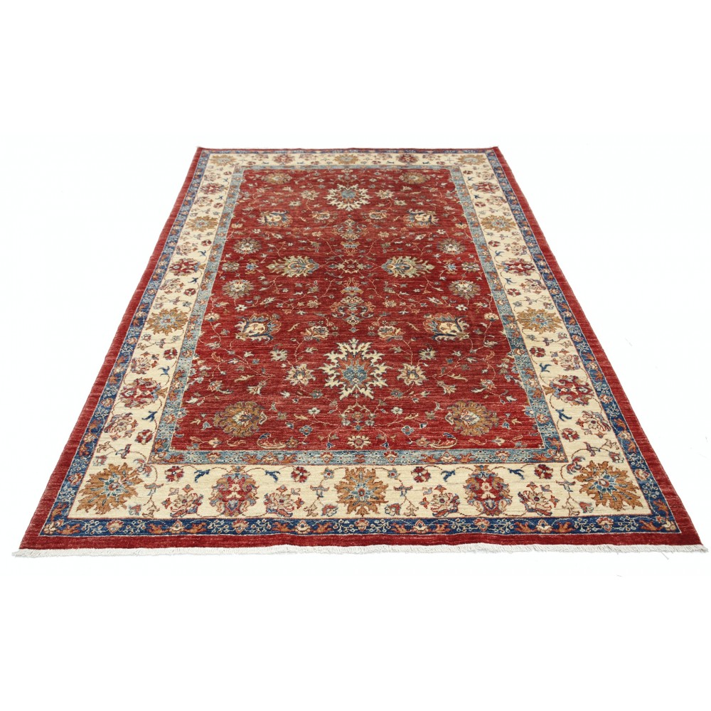 Hand Knotted Turkish Wool Area Rug, Red Floral Carpet with Ivory Border and Blue Details for Home Decor Hand Knotted Turkish Wool Area Rug, Red Floral Carpet with Ivory Border and Blue Details for Home Decor