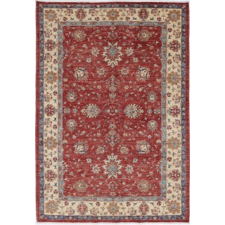 Hand Knotted Turkish Wool Area Rug, Red Floral Carpet with Ivory Border and Blue Details for Home Decor