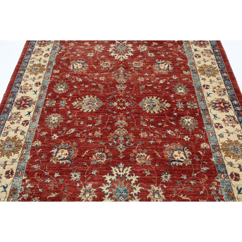 Hand Knotted Turkish Wool Area Rug, Red Floral Carpet with Ivory Border and Blue Details for Home Decor Hand Knotted Turkish Wool Area Rug, Red Floral Carpet with Ivory Border and Blue Details for Home Decor