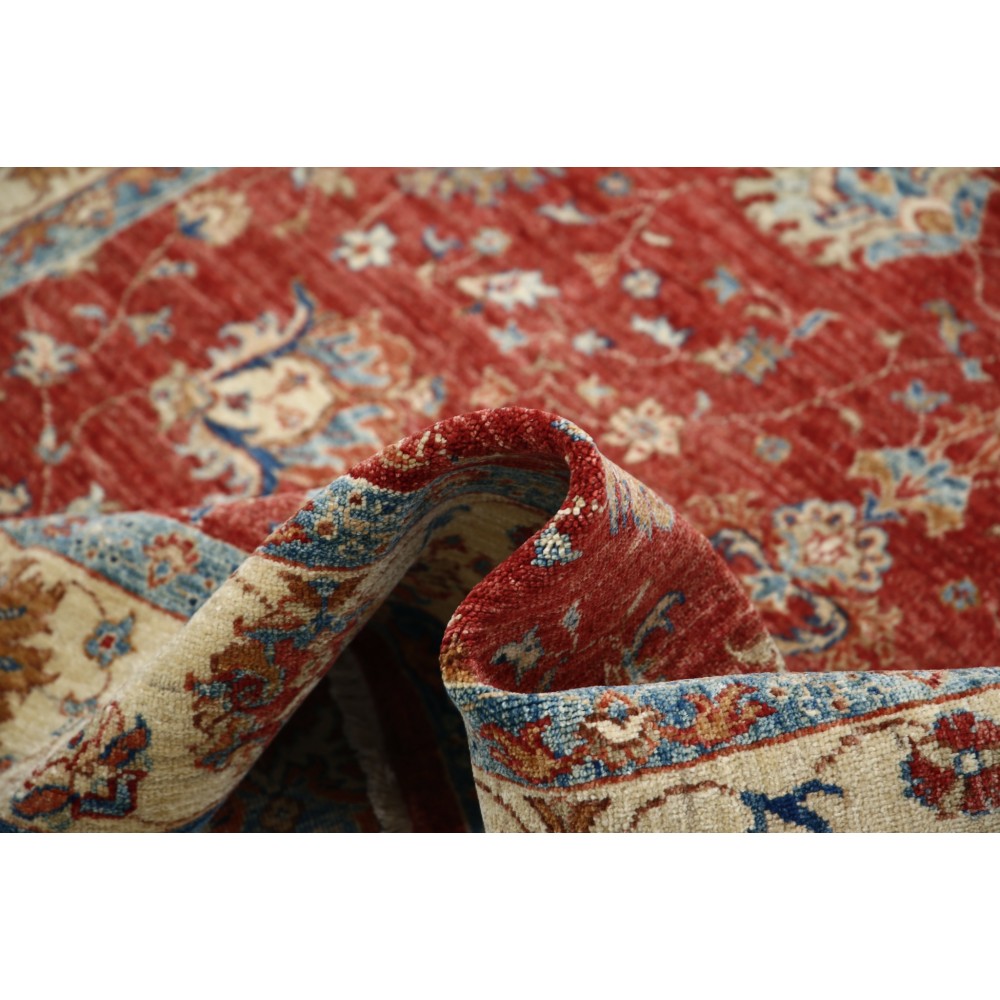 Hand Knotted Turkish Wool Area Rug, Red Floral Carpet with Ivory Border and Blue Details for Home Decor Hand Knotted Turkish Wool Area Rug, Red Floral Carpet with Ivory Border and Blue Details for Home Decor