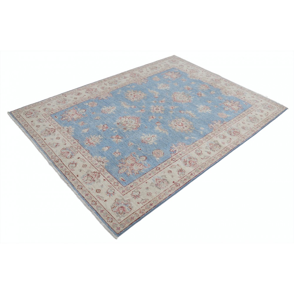 Hand Knotted Floral Turkish Area Rug with Blue Field and Ivory Border | 100% Wool Hand Knotted Floral Turkish Area Rug with Blue Field and Ivory Border | 100% Wool