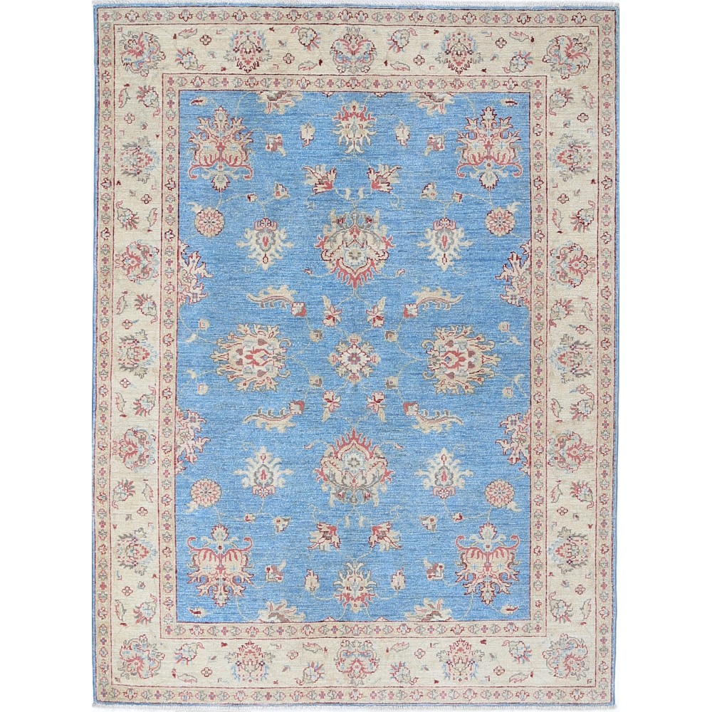Hand Knotted Floral Turkish Area Rug with Blue Field and Ivory Border | 100% Wool Hand Knotted Floral Turkish Area Rug with Blue Field and Ivory Border | 100% Wool