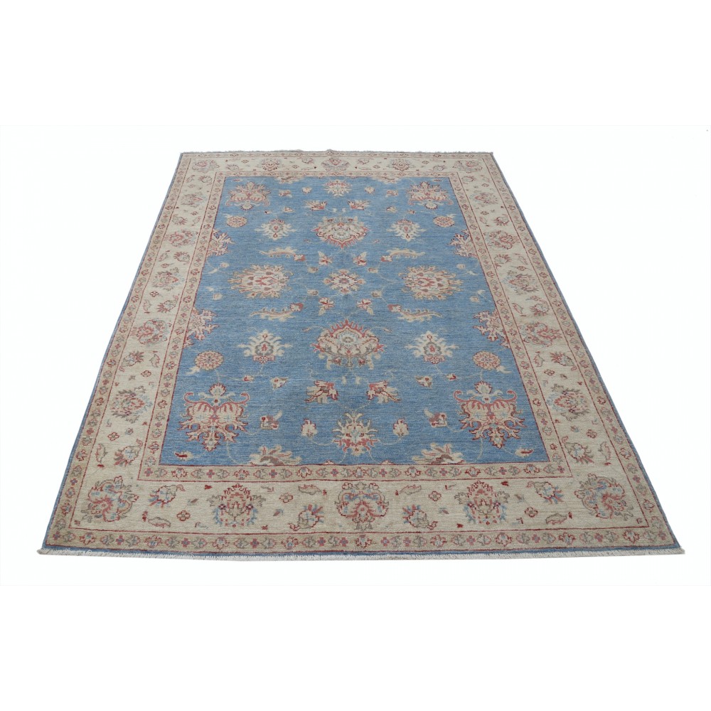 Hand Knotted Floral Turkish Area Rug with Blue Field and Ivory Border | 100% Wool Hand Knotted Floral Turkish Area Rug with Blue Field and Ivory Border | 100% Wool