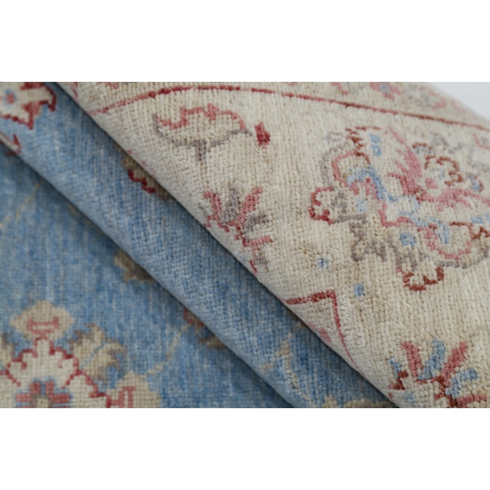 Hand Knotted Floral Turkish Area Rug with Blue Field and Ivory Border | 100% Wool Hand Knotted Floral Turkish Area Rug with Blue Field and Ivory Border | 100% Wool