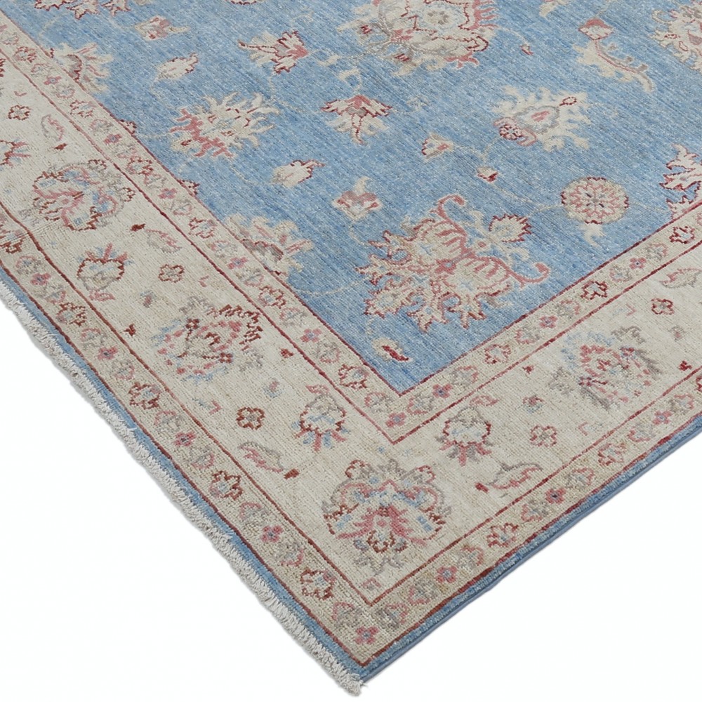 Hand Knotted Floral Turkish Area Rug with Blue Field and Ivory Border | 100% Wool Hand Knotted Floral Turkish Area Rug with Blue Field and Ivory Border | 100% Wool