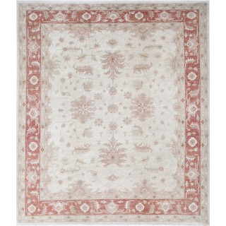 Hand Knotted Floral Patterned Large Area Rug with Ivory Field and Red Border | Wool Carpet for Home Decor