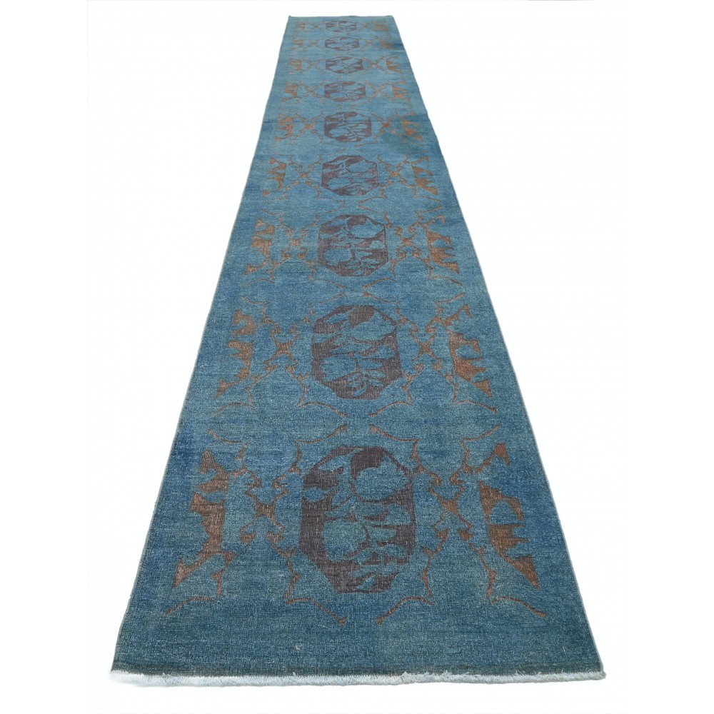 Hand Knotted Blue, Brown Long Runner Rug | Turkish Floral Hallway Rug | 100% Wool