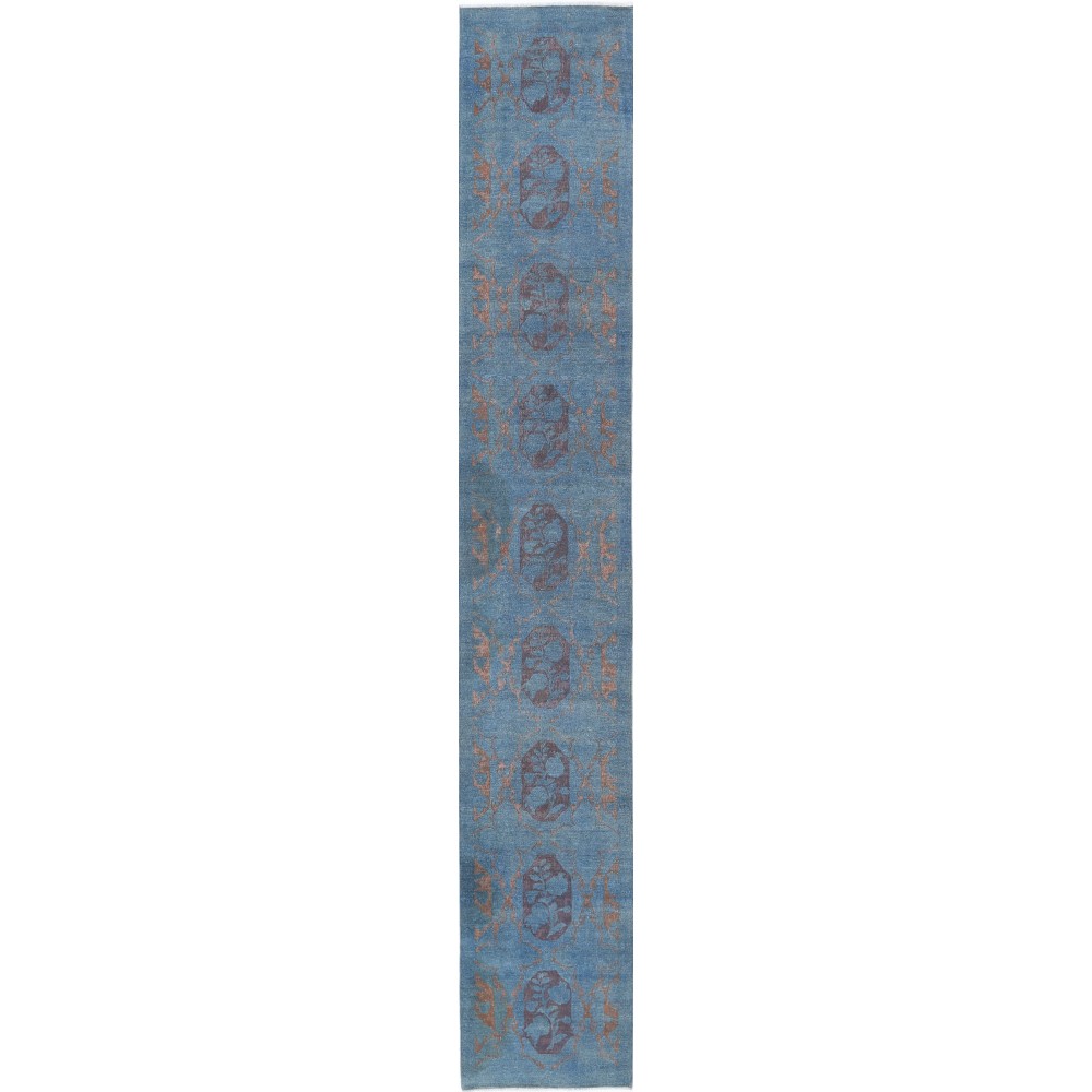 Hand Knotted Blue, Brown Long Runner Rug | Turkish Floral Hallway Rug | 100% Wool