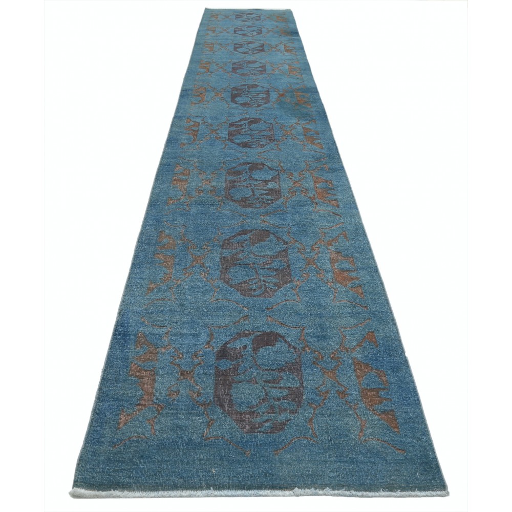 Hand Knotted Blue, Brown Long Runner Rug | Turkish Floral Hallway Rug | 100% Wool